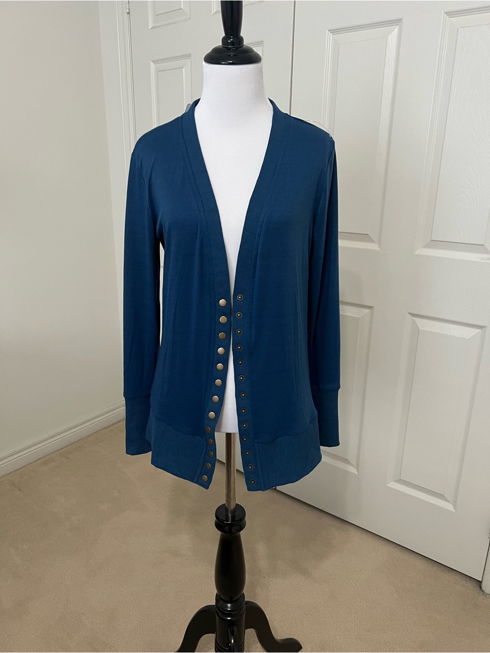 Open-Front Snap-Trim Cardigan in Teal Blue
